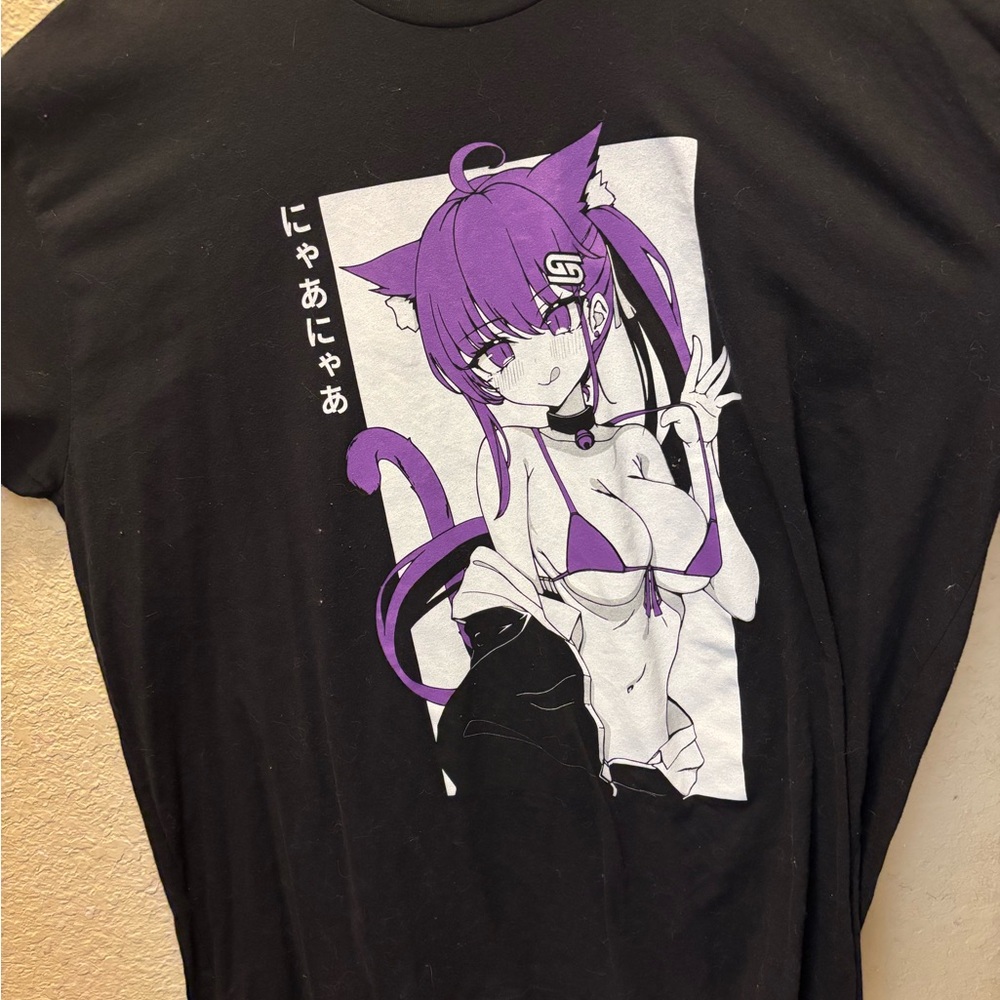 Black Anime Catgirl Graphic Tee — Purple & White Print